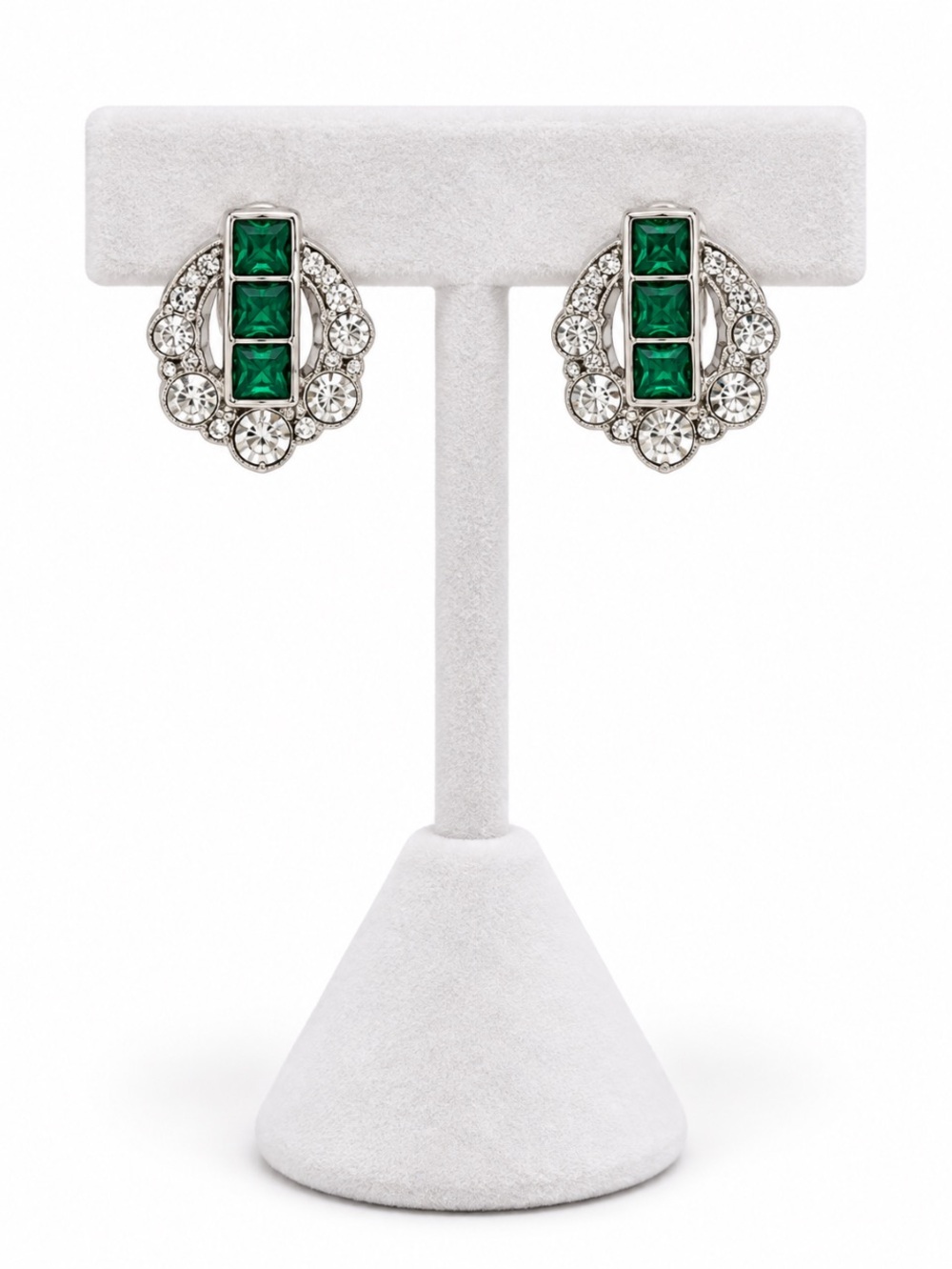 Emerald Green & Clear Rhinestone Silver-Tone Screw Back Earrings “VTG”